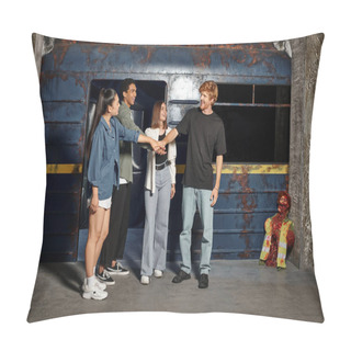 Personality  Happy Multicultural Group Of Friends Stacking Hands While Having Quest In Urban Escape Room Pillow Covers