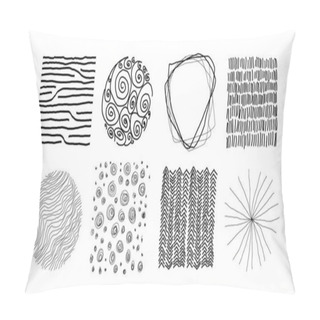 Personality  Set Of Abstract Handmade Black Graphic Elements, For Decoration, Invitations, Print, Posters, Card, Fabric. Random Asymmetrical Linear Patterns. Line Vector Illustration. Isolated On White Background. Pillow Covers