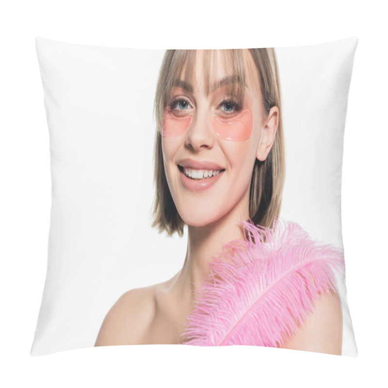 Personality  Smiling Young Woman With Hydrogel Eye Patches Holding Pink Feather Isolated On White Pillow Covers
