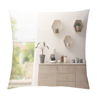 Personality  Modern Coffeemaker And Cups On Commode Near Light Wall Indoors Pillow Covers