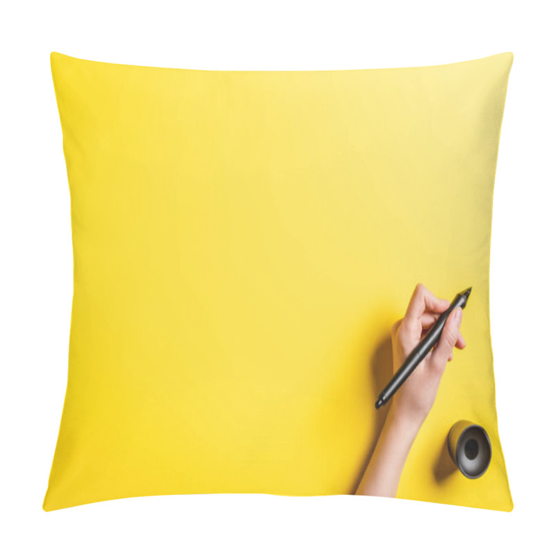 Personality  Cropped View Of Designer Holding Stylus Near Stylus Holder On Yellow  Pillow Covers