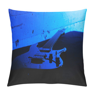 Personality  Black Glossy Guitar Waiting On Table With Blue Background. Guitar Resting And Ready For The Rock Concert Performance. Acoustic Guitar Composition With Blue And Black Background. Pillow Covers