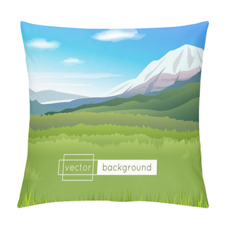 Personality  Vector Landscape With Mountains, Blue Sky, Clouds And Green Grass In The Sunny Summer Day Pillow Covers