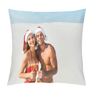 Personality  Sexy Girlfriend And Boyfriend Clinking With Champagne Glasses And Hugging On Beach In Maldives  Pillow Covers
