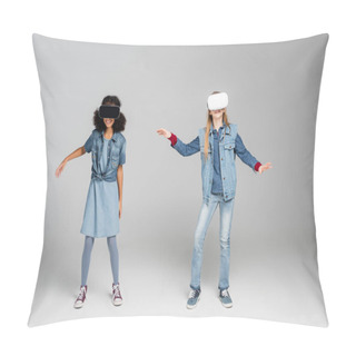 Personality  Full Length View Of Cheerful Interracial Friends In Trendy Denim Clothes Gaming In Vr Headsets On Grey Pillow Covers