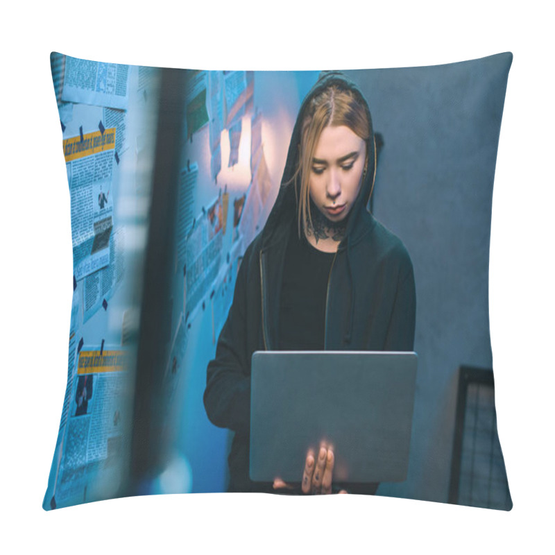 Personality  Young Female Hacker With Laptop Standing In Front Of Wall With Newspaper Clippings Pillow Covers