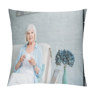 Personality  Senior Woman With Cup Of Aromatic Coffee Resting On Sofa At Home Pillow Covers