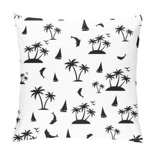 Personality  Summer Background. Palm Tree, Ship, Fish-dolphin, Sea Seamless Pattern. Beautiful Seamless Island Pattern On White Background. Landscape With Palm Trees And Ocean Pillow Covers