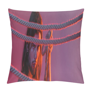 Personality  Long Haired Man Holding Rope On Purple Background With Light, Banner  Pillow Covers