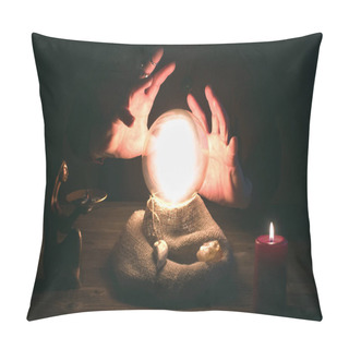 Personality  Crystal Ball And Fortune Teller Hands. Divination Concept. The Spiritual Seance. Future Reading. Pillow Covers