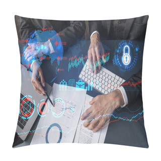 Personality  Two People Working Together And Business Icon Drawing. Concept Of Research And Development. Double Exposure Pillow Covers