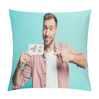 Personality  Smiling Man Pointing Card With Lip Print And Call Me Lettering, Isolated On Blue Pillow Covers