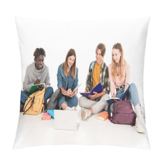 Personality  Smiling Multicultural Teenagers Writing On Notebooks Near Laptop On White Background Pillow Covers