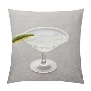 Personality  Close Up View Of Alcohol Cocktail With Lime Piece And Ice On Grey Surface Pillow Covers