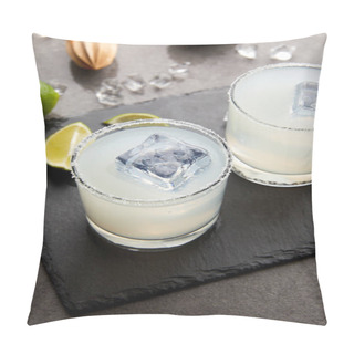 Personality  Close Up View Of Wooden Squeezer, Refreshing Sour Alcohol Cocktails With Lime And Ice On Grey Tabletop Pillow Covers