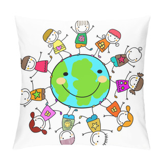 Personality  Happy Kids Playing Around The Earth Planet Pillow Covers