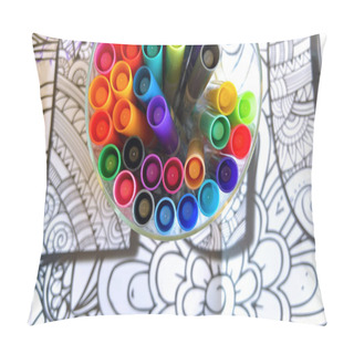 Personality  A Kaleidoscopic Collection Of Markers In A Clear Holder, Poised Above A Detailed Line Drawing, Invites A Burst Of Artistic Inspiration. Pillow Covers
