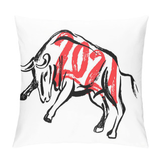Personality  Bull Ready To Jump Ink Sketch. Ox, Bull, Cow On White Background. Chinese Happy New Year 2021. Lunar New Year. Drawing Bull, Ox, Cowhide. Ink Illustration. Vector. Pillow Covers