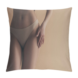 Personality  Cropped View Of Sexy Woman In Panties Touching Hip Isolated On Beige Pillow Covers
