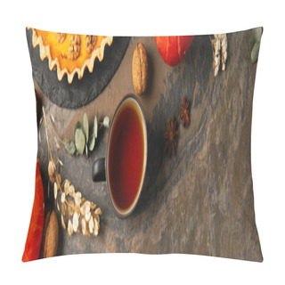 Personality  Thanksgiving Pumpkin Pie And Orange Gourds Near Herbs And Warm Aromatic Tea On Stone Table, Banner Pillow Covers