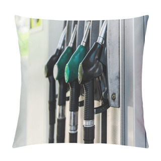 Personality  Selective Focus Of Green And Black Fuel Pumps At Gas Station  Pillow Covers