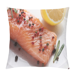 Personality  Close Up View Of Raw Fresh Salmon With Pepper, Lemon And Rosemary Pillow Covers