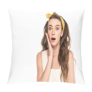 Personality  Young Shocked Housewife In Dress And Headband Looking At Camera Isolated On White Pillow Covers