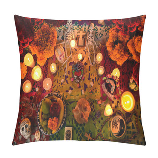 Personality  Mexican Day Of The Dead Altar At Night In Dim Candlelight Pillow Covers