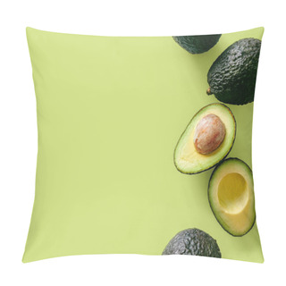 Personality  Fresh Organic Hass Avocados On A Green Background, Top View With Copy Space Pillow Covers