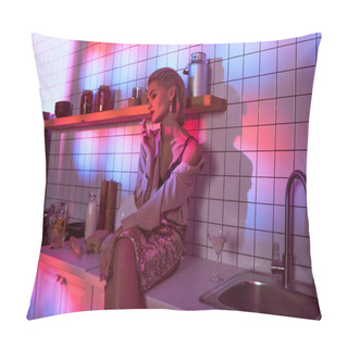 Personality  Selective Focus Of Beautiful Fashionable Woman Sitting On Kitchen Counter And Smoking In Neon Light Pillow Covers