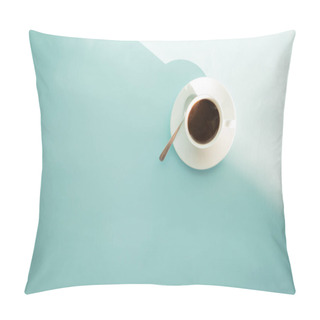 Personality  Cup Of Steaming Coffee On Seafoam Green Table, Top View. Abstract Photo Of Hot Espresso Drink On Pale Blue-green Background. Pillow Covers