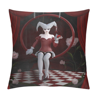Personality  Beautiful Scary Clown On A Swing On A Surreal Stage With Roses And Poppy - 3D Mixed Media Illustration Pillow Covers