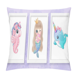 Personality  Cute Little Sea Horse, Mermaid And Narwhal Illustration Pillow Covers