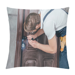 Personality  Young Manual Worker In Overall And Goggles Checking Door Lock With Flashlight  Pillow Covers