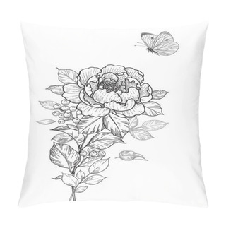 Personality  Hand Drawn Peony And Butterfly Isolated On Blank Background. Black And White Single Flower And Flying Moth. Vector Monochrome Elegant Floral Composition In Vintage Style, Tattoo Design, Template. Pillow Covers