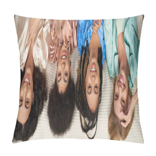 Personality  Top View Of Multiethnic And Positive Girlfriends In Colorful Pajama Outstretching Hands At Camera While Lying On Bed During Pajama Party At Home, Bonding Time In Comfortable Sleepwear, Banner Pillow Covers