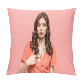 Personality  Surprised Young Woman Pointing With Finger At Herself While Looking At Camera Isolated On Pink Pillow Covers