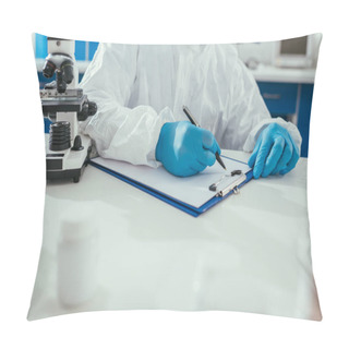 Personality  Cropped View Of Biochemist Writing Results On Clipboard In Laboratory Pillow Covers