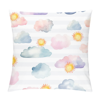 Personality  Seamless Colorful Clouds And Sun Pattern. Watercolor Clouds And Sun Vector Background In Pastel Colors Pillow Covers