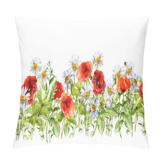 Personality  Floral Horizontal Border. Watercolor Meadow Flowers, Grass, Herbs. Seamless Frame Pillow Covers