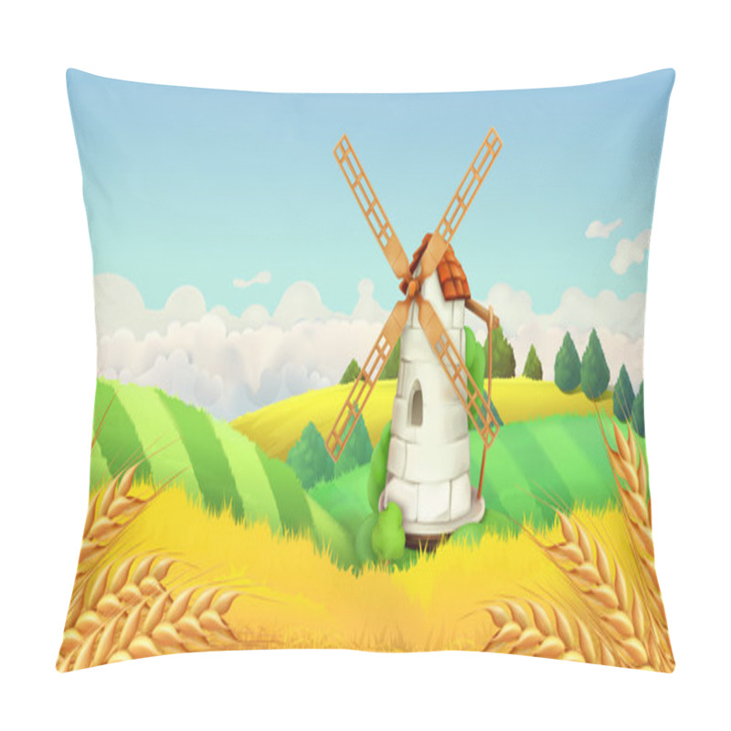 Personality  Wheat field. Windmill landscape. Horizontal background, vector pillow covers