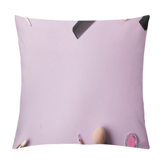 Personality  Top View Of Various Makeup Tools And Cosmetics On Purple Background Pillow Covers