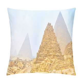 Personality  Panoramic View On Giza Pyramids Through Heavy Winter Morning Fog And Sandy Clouds, Egypt Pillow Covers