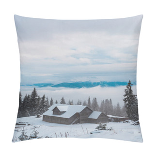 Personality  Scenic View Of Snowy Mountain Village With Pine Trees And Wooden Houses Pillow Covers