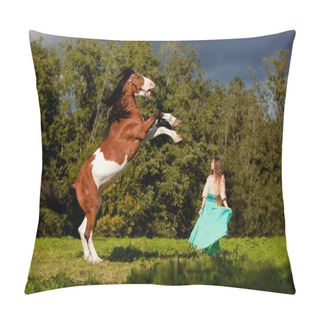 Personality  Beautiful Woman With A Horse In The Field. Girl On A Farm With A Pillow Covers