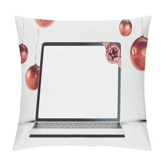 Personality  Black Realistic Laptop And Christmas Balls On Light Background. 3d Rendering. Pillow Covers