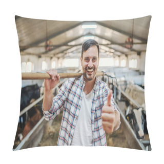Personality  Young Smiling Cheerful Unshaven Caucasian Farmer Standing In Barn With Hayfork Over The Shoulder And Showing Thumbs Up. Pillow Covers