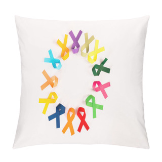 Personality  Top View Of Colorful Ribbons Arranged In Circle Isolated On White, World Cancer Day Concept  Pillow Covers