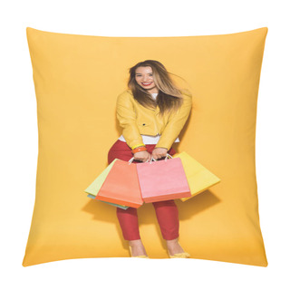 Personality  Smiling Asian Woman With Shopping Bags On Yellow Background  Pillow Covers