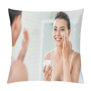 Personality  Beautiful Happy Girl Applying Face Cream And Looking At Mirror In Bathroom  Pillow Covers